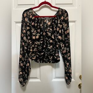 Free People Crop Floral Black Blouse Size M